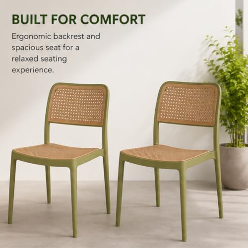Image of NARSA Modern Rattan Style Dining Chair for Home & Cafe | Cane Pattern Plastic Chair with Ergonomic Backrest | Lightweight & Durable Indoor Outdoor Seating Chair (Green, Armless, Set of 1)