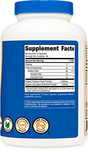 Nutricost Fiber Capsules With Prebiotic Fiber Supplement 300 Capsules - Made With Organic Psyllium Husk & Organic Jerusalem Artichoke, 60 Servings, Gluten Free, 3 G Per Serving #TOP3