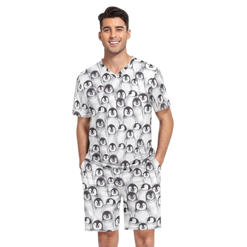 Laprad Men's Cute Penguins Pajamas Set Short Sleeve Sleepwear Comfortable Loungewear V-Neck with Pockets Nightwear