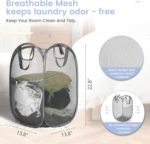 Image of HOUSE AGAIN 2Pack Strong Mesh Pop Up Laundry Hamper, 70L Collapsible Laundry Basket with Steel Frame, Double‑Stitched Handles & Side Pocket, Foldable Dirty Clothes Hamper for Dorm, Bedroom, Grey