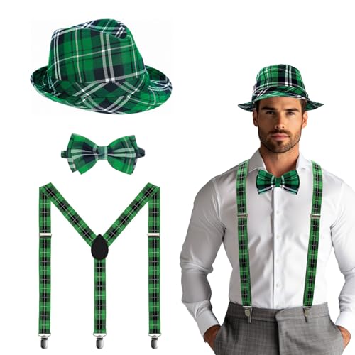 ASSUGO 3 Stück st patricks day kostüm leprechaun patrick kostüm Set mit 1 st patricks day hut 1 fliege grün und 1 st. patricks day accessoires hosenträger für Erwachsene kind St Pas Party besuchen