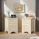 Bonnlo Unfinished Rubber Wood Night Stand Set 2 for Color DIY, 18.54' W Nightstand with Charging Station, 3 Drawer Nightstands, Real Wood Night Stands/Bed Side Table/End Table for Bedroom