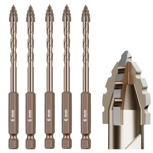 Juego de 5 brocas dentadas para mampostería (1/4 a 6 mm), acero de alta velocidad recubierto de titanio, diseño de flauta excéntrica para taladrar en seco hormigón, azulejos, vidrio, ladrillo y metal