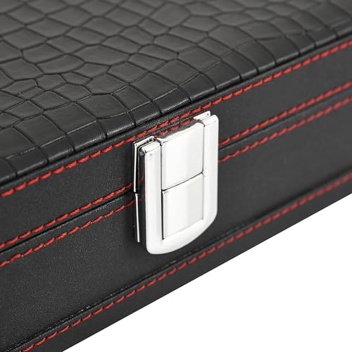 Image of BOXXO 12 Slot Watch Organizer Box for Men & Women - Premium PU Leather Watch Case with Black & Brown Finish, Soft Velvet Cushions & Glass Lid Display, Elegant Storage Box (34x20x8 cm) (Black /Red)