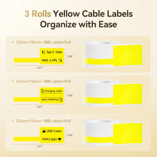Image of NIIMBOT Cable Labels 3 Rolls Set for B1 /B21 /B2 /B31 Label Maker, Yellow | 25x78mm (0.98'' x 3.07'') 100 Labels /Roll, Refill Labeling Tape for Home School Office Small Busines