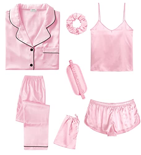 Image of SWOMOG Womens 7pcs Silk Satin Pyjama Set Short Sleeve Button Down Shirt Camisole Shorts Pants Pjs Set Eye Mask with Silky Hair Band Pink Medium
