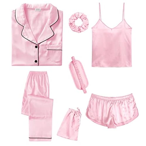 SWOMOG Womens 7pcs Silk Satin Pyjama Set Short Sleeve Button Down Shirt Camisole Shorts Pants Pjs Set Eye Mask with Silky Hair Band