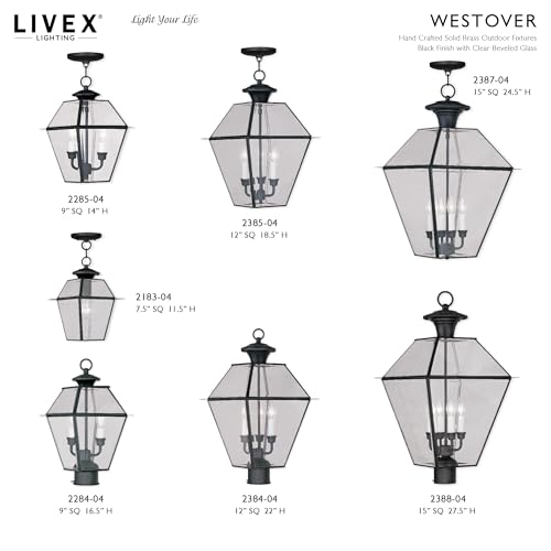 Image of Livex Lighting 2384-04 Westover 3 Light Outdoor Black Finish Solid Brass Wall Lantern with Clear Beveled Glass, 22 inch x 12 inch x 22 inch | Dimensions: 22 inch x 12 inch x 22 inch; Clear Beveled Glass; Solid brass construction