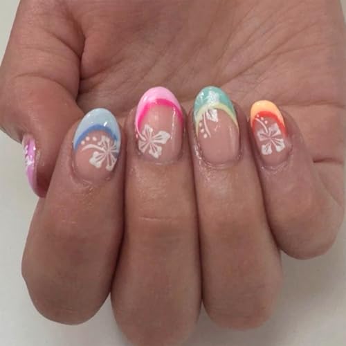 Flower French Tip Press on Nails Short Oval Fake Nails Glossy Acrylic Stick on Nails Artificial Stick on Nails for Women