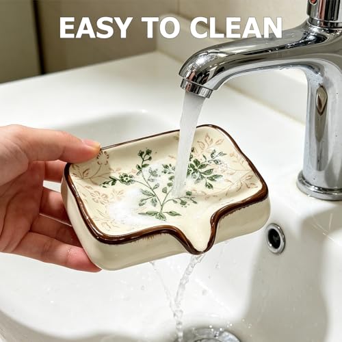 Image of Ceramic Non-Slip Soap Holder with V-Drainage | Elegant Nordic Floral Pattern for Shower, Bathroom & Kitchen Sink - Reduces Waste