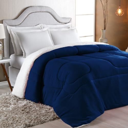 Coberdrom Sherpa Edredom Dupla Face Cobertor Manta Felpuda Liso Cama Casal Queen (Azul Marinho)