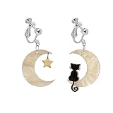 Black Cat Moon Star Clip on Earrings for Women Acrylic Halloween Earrings (creamy white)