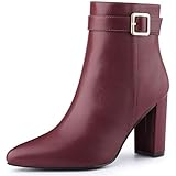 Allegra K Women's Pointed Toe Buckle Decor Heel Ankle Booties Burgundy 4 UK/Label Size 6 US