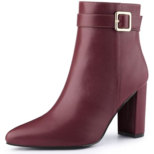 Allegra K Allegra K Women's Pointed Toe Buckle Decor Heel Burgundy Ankle Booties 6 M US