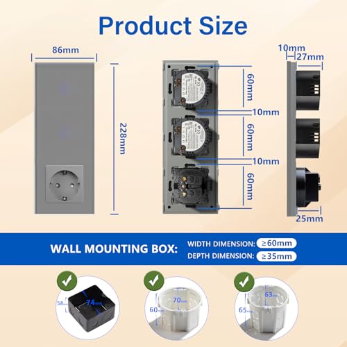 BSEED Touch Lichtschalter mit Schuko Steckdose mit LED Anzeiger doppelte 1 Fach 2 Wege Glas Lichtschalter mit eine Wandsteckdosen Grau 228mm