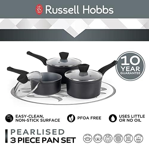 Russell Hobbs RH01706EU Pearlised Forged Aluminium 3 Piece Saucepan Set, 16,18,20 cm, Tough Non-Stick Coating, Suitable for All Hob Types Including Induction, Matte Grey