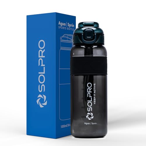 Image of Solpro Agua Spain Sipper Water Bottle 1000 ml Leakproof BPA Free, Sipper Bottle for Kids, Men, Women, Adults for School, Office, College, Travel, Gym, Workout, Outdoor, Camping (Black /Alpine Green)