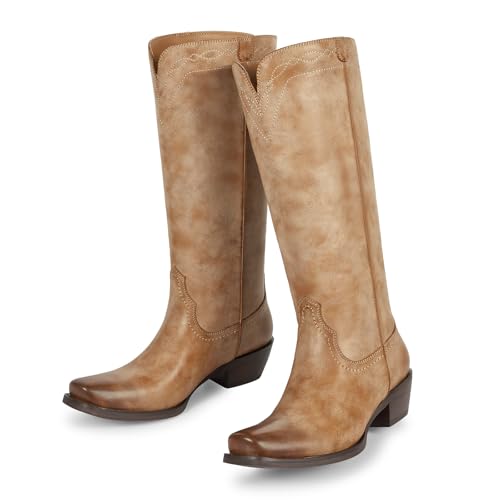Image of wetkiss Women's Pointed Toe Cowboy Boots | Knee High Cowgirl Boots, Retro Embroidery, Chunky Heel, Pull-On, Style for a Classic Western Look,Stable and Comfortable
