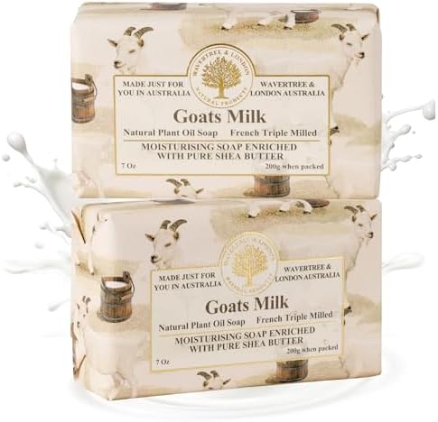 Wavertree & London Natural Goat Milk Soap Bars (2 Bars) – 7oz Individually Wrapped, French Triple Milled Moisturizing Bath Bar Soap Enriched with Shea Butter, Chemical-Free Sensitive Skin Bar Soap