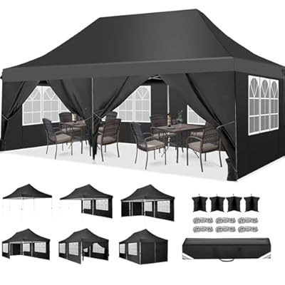 COBIZI Canopy 10x20 Pop Up Canopy Tent with 6 Sidewalls, Waterproof Commercial Canopy Ez Outdoor Instant Gazebo UV Protection 50+ Event Shelter, Garden Tents for Parties with Sandbags, Black