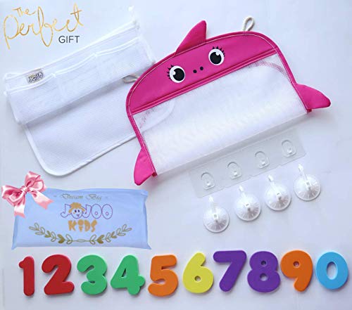 Jojookids Bath Toy Storage Set Of 2 + 10 Eco-Safe Foam Numbers | Bath Toy Organizer Mesh Net Shower Caddy For Baby Bath Toys For Toddlers | Quick Dry Bathroom Decor Bath Toy Holder #TOP4