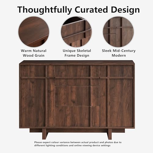 Image of Sideboard Buffet Cabinet with Storage, 47.2 inch Large Sideboard with 2 Doors & 3 Drawers, Mid Century Modern Credenza with Skeleton Line&Wood Grain for Living room, Kitchen and Entryway, Walnut