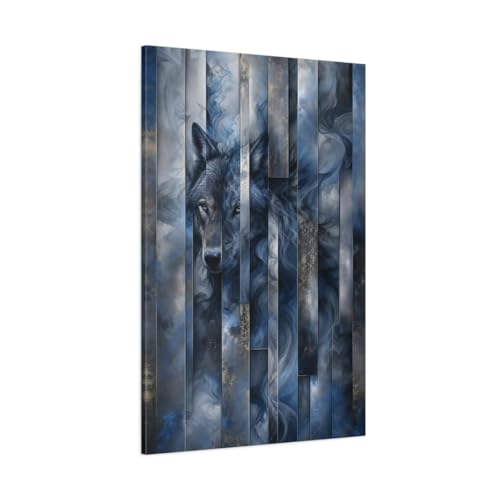 Tableau Loup Bleu et Or pour Habiller un Grand Mur Vide de Salon | Toile 80x120