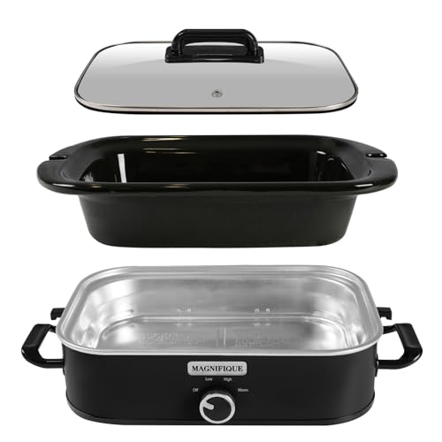MAGNIFIQUE 4-Quart Slow Cooker with Casserole Manual Warm Setting - Perfect Kitchen Small Appliance for Family Dinners, Dishwasher Safe Crock, Red (Black)