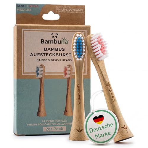 BAMBUNA Ersatzbürsten passend für Philips Sonicare Schallzahnbürste | Bambus Zahnbürstenkopf | Aufsteckbürsten Medium | PLA Verbindungsstück | vegan | BPA-frei | nachhaltig | 2er-Set | blau/rosa