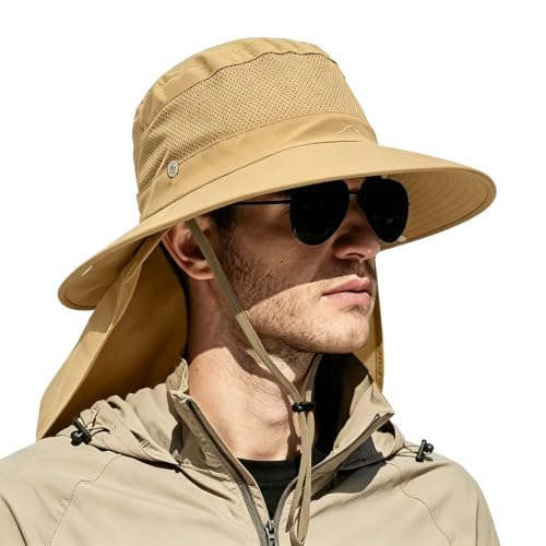 Image of Outdoor Sun Hats with Stowable Neck Flap for Men Women UPF 50+ Mesh Summer Bucket Hat Wide Brim for Fishing Safari Hiking