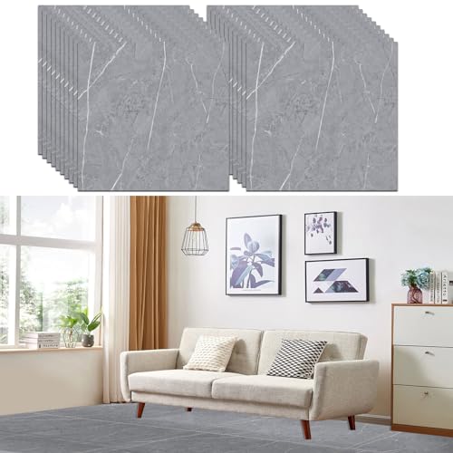 YAYODS 40 Pack Grey Self Adhesive Floor Tile Vinyl Flooring, 30x30cm Concrete Marble Effect Flooring Stickers, Waterproof Peel and Stick Floor Tile for Kitchen Bathroom Living Room Anti Slip