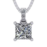 Silver CZ Princess Cut Solitaire Pendant-4 Prongs-8mm-3.00ct Equivalent Diamond Weight-Platinum...