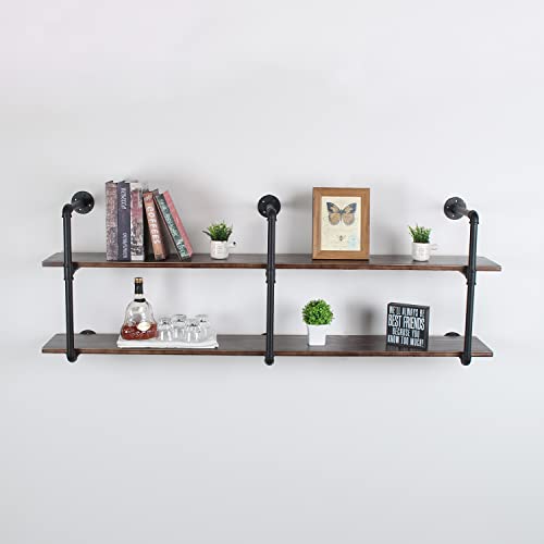 MBQQ Industrial Retro Pipe Shelf 63in 2 Tier Wall Mounted,Rustic Floating Shelves,Farmhouse Kitchen Bar Shelving,Home Decor Book Shelves,DIY Bookshelf Hanging Wall Shelves,Black