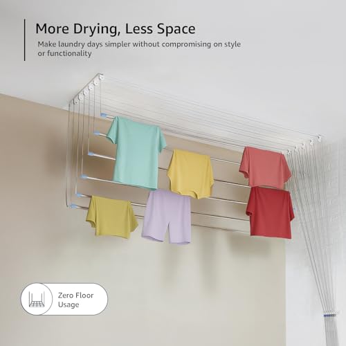 Image of Amazon Basics Heavy-Duty Stainless Steel Ceiling Cloth Dryer (6 Pipes x 5 Feet) with UV-Protected Nylon Ropes - Pulley Operated Drying Rack for Balcony - Space-Saving Design