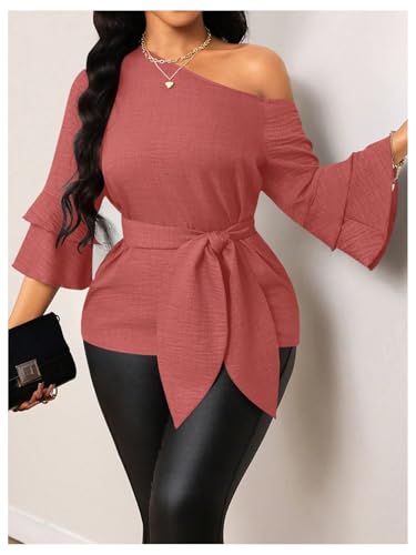Floerns Women's Asymmetrical Neck Dressy Blouse 3/4 Length Bell Sleeve Office Belted Shirts2