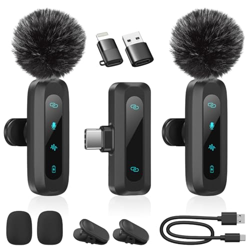 PZCC Microphone de Lavalier sans Fil pour iPhone,iPad,téléphone Android,2-pcs Micro Cravate pour avec réduction du Bruit,réverbération et sourdine,Mini Micro pour Vlogging,Enregistrement vidéo