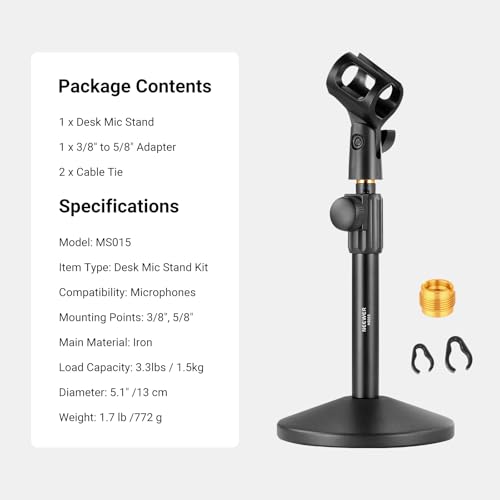 Image of NEEWER Desk Microphone Stand, Adjustable Table Top Mic Holder Mount with Clip and 3 /8 inch to 5 /8 inch Adapter Compatible with Blue Yeti Snowball HyperX QuadCast SoloCast Shure, Max Load 3.3 lbs, MS015