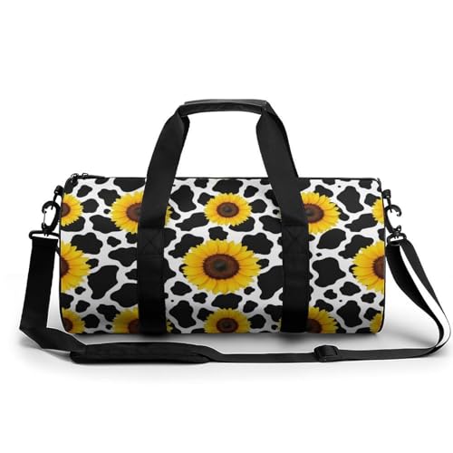 Travel Duffle Bag, Unisex Cow Print Sunflower Spacious Water-Resistant Reusable Luggage Bags, Cute Large Sports Gym Bags for Women Men