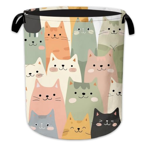 Image of Cute Cat Laundry Hamper, Cartoon Cat Laundry Baskets, Waterproof Oxford Cloth for Room /Bathroom /Bedroom /Dormitories 16x20.8 Inch