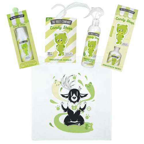 The Fruit Company Pack Regalo Osito de Gominola Candy Shop – Ambientador Multiusos, Mikado, Colonia en Spray, Armario y Tote Bag – Aroma Dulce Gourmand