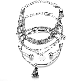 TseenYi Silver Bracelet Set Boho Layered Bangle Tassel Pendant Bracelet Stacked Open Wrist Chain Fashion Bracelet Jewelry for Women and Girls Gift Christmas 4pcs