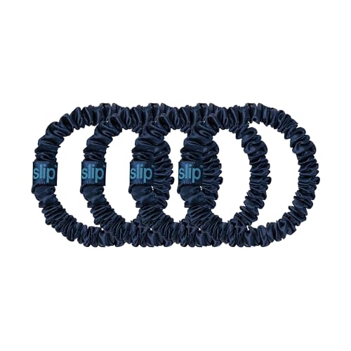 Image of Slip Silk Hair Ties - Skinny Silk Navy Scrunchies, No Damage, No Crease, Anti-Breakage |100% Mulberry Silk | All Hair Types | Made with Proprietary Slipsilk | Set of 4