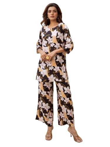 Image of NAINVISH Women's Printed Rayon Blend Co-ord Set | Straight Fit Top & Pant Ensemble | V-Neck Mandarin Collar Styles | Modern Black, Orange, Purple, Green Designs | Perfect for Casual, Festive Events