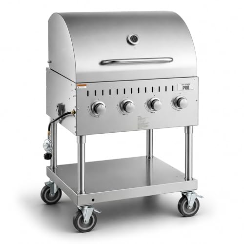 30" Stainless Steel Liquid Propane Outdoor Grill, Type 304 Rust-Resistant BBQ Grill with Removable Grease Tray, Commercial Catering Grill for Resorts, Patio and Outdoor Cooking, With Dome Lid