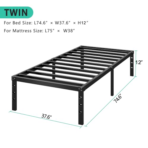 Image of HLIPHA Metal Platform Bed Frame 12 Inch Tall,No Box Spring Needed,Twin Size Bed with Heavy Duty Strong Support Slats,Easy to Assemble,Black