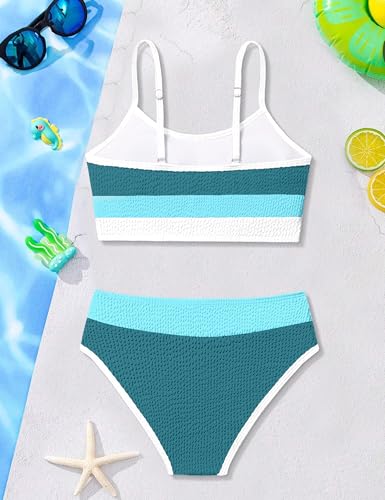Image of Girls Bathing Suit Color-Block Adjustable Straps Bikini Sets Girls Two Piece Swimsuits with Chest Pad Swimwear 7-18T