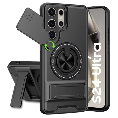 Image of Samsung S24 Ultra 5G Back Cover | Armor Camera Slider 360 Degree Rotating Finger Ring Holder Case with Bracket Stand Back Case Cover (Compatible with MagSafe Accessories) (Black)