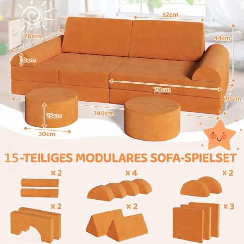 Spielsofa Kindersofa mit 15PCS Modul,Modulare Kinderspielcouch,Kindersofa aus Schaumstoff Bausteine,Spielsofa für Kinder & Kindersessel,Kuschelecke im Kinderzimmer,zum Spielen,Kreativsein,Schlafen