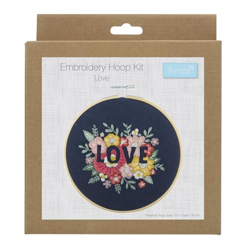 Trimits Embroidery Hoop Kits - 15cm 6” Beginner Starter Set, Includes Bamboo Hoop Threads Cloth Needle Backing & Instructions, Love - Image 2