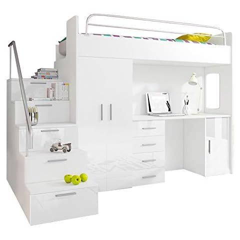 Ye Perfect Choice HIGH BED TALA 4S, MODERN SET WITH WARDROBE, DESK AND BED WITH MATTRESS, FUNCTIONAL DESIGN, HIGH GLOSS INSERTS (All in White) Cover